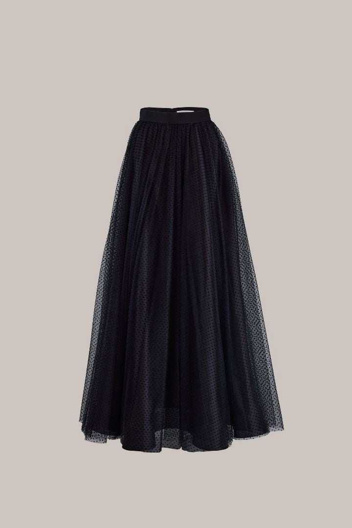 Her Black Full Long Skirt Polka Dot