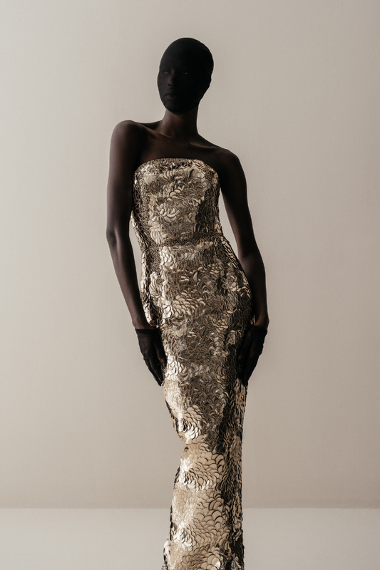 Her Stripeless Foil Embroidered Long Gold Gown