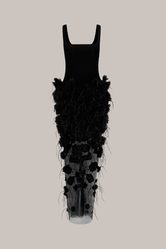 Her Floral Applique Long Black Dress