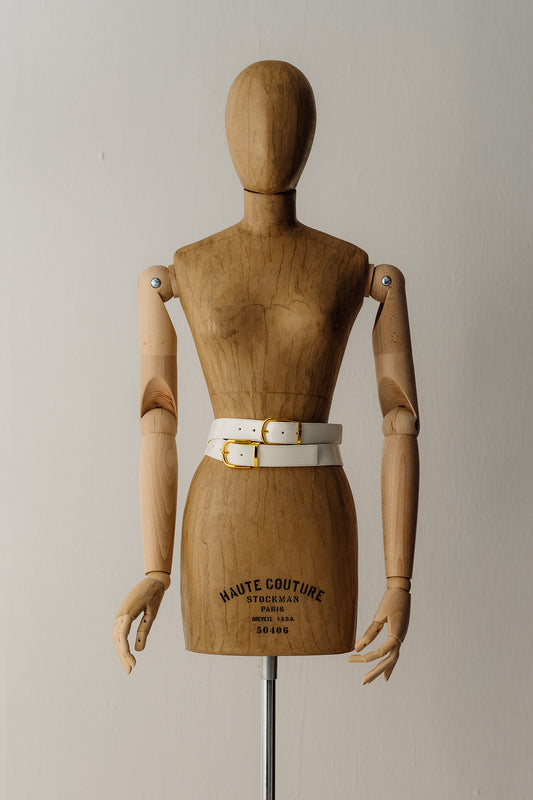 Her Double Buckle White Leather Belt