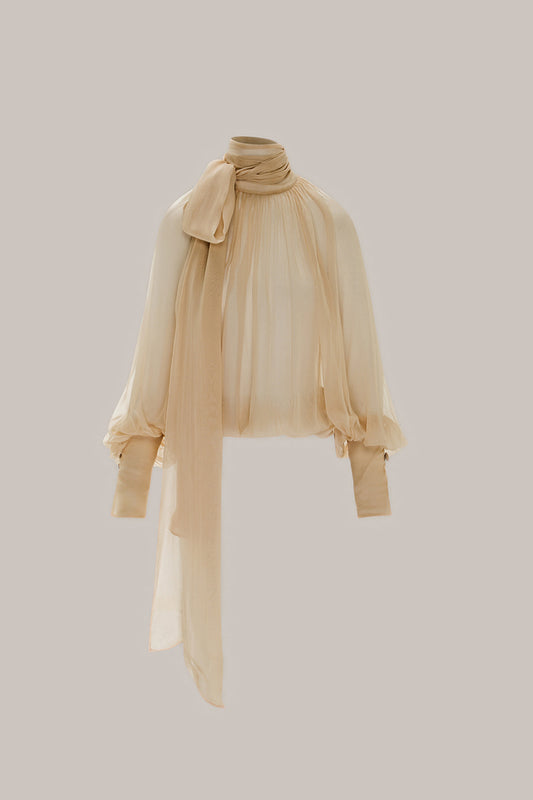 Her Gathered Bow Neck Beige Blouse