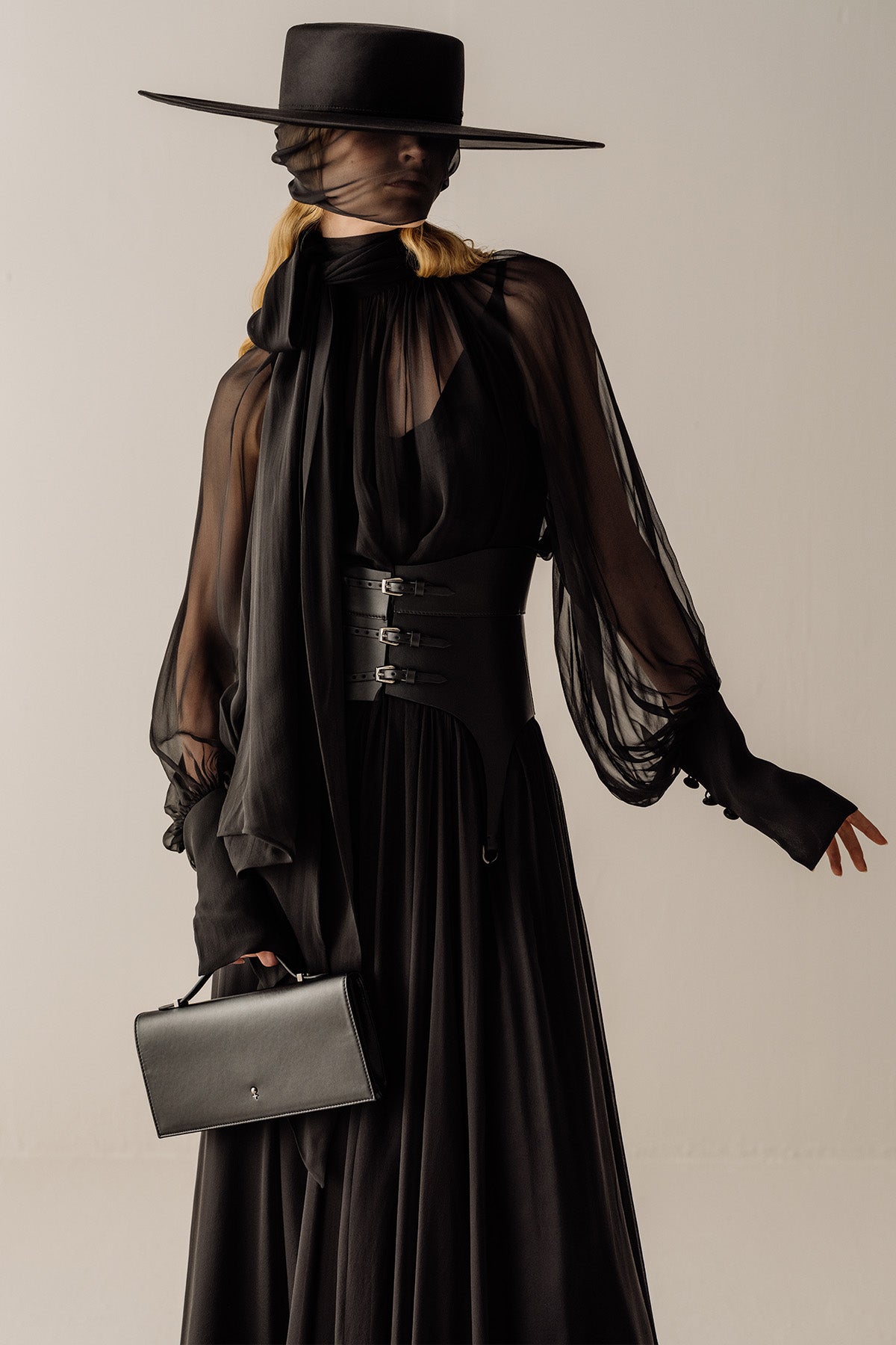 Her Gathered Bow Neck Black Blouse