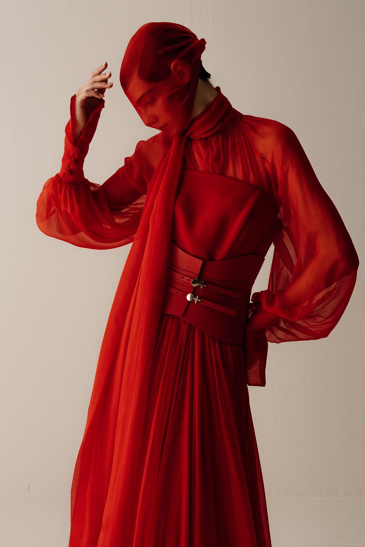 Her Gathered Bow Neck Red Blouse