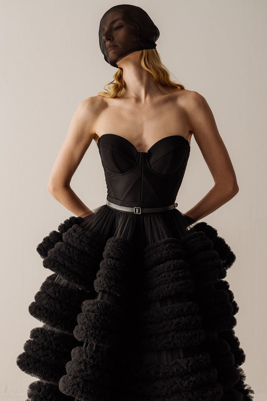 Her Evening Ruched Tulle Black Dress