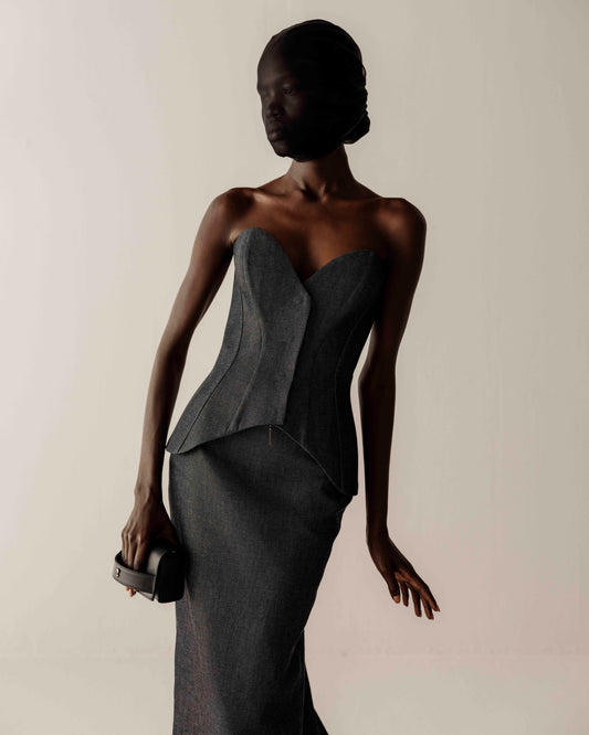 Her Tuxedo Denim Corset with Front Opening with Eyelets