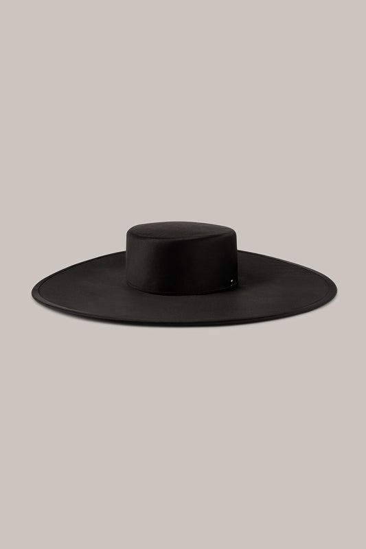 Her Black Satin Wide-Brim Hat