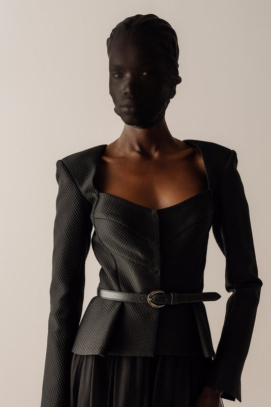 Her Jacquard Jacket With The Black Peplum