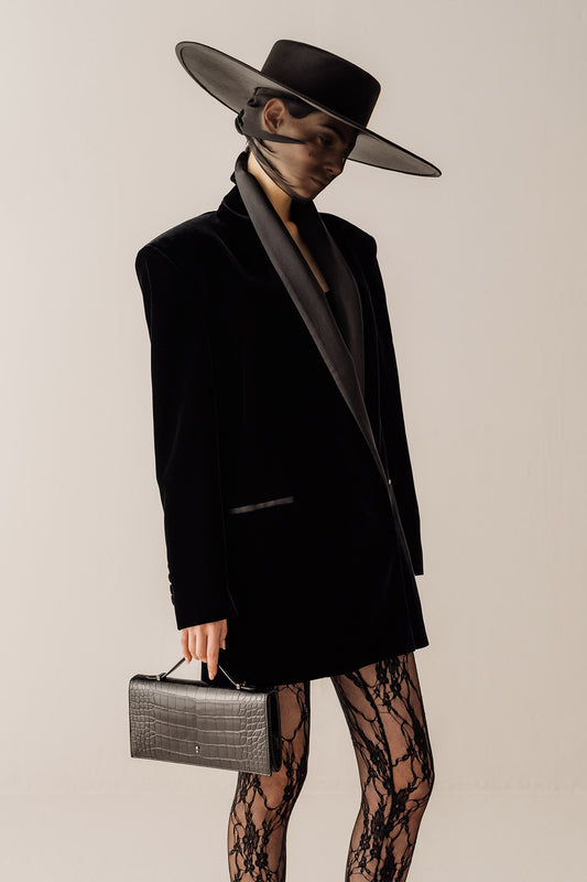 Her Velvet Double Breast Black Blazer With Silk Colar