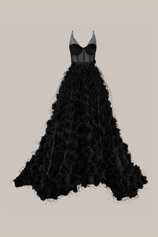Her Applique Long Full Black Gown
