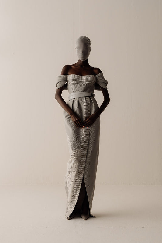 Her Long Jacquard Evening Grey Dress