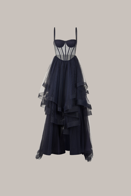 Her Multi layered Evening Navy blue Gown