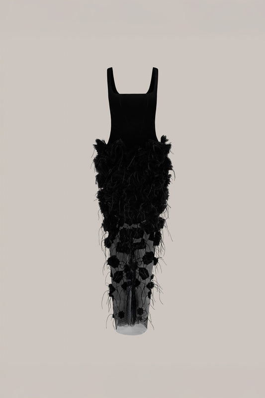 Her Floral Applique Long Black Dress