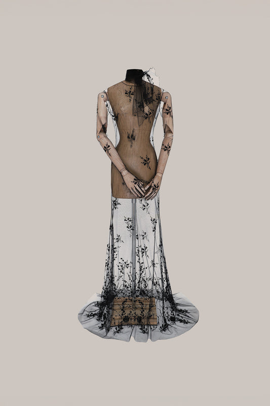 Her Embroidered Tulle Long Black Dress