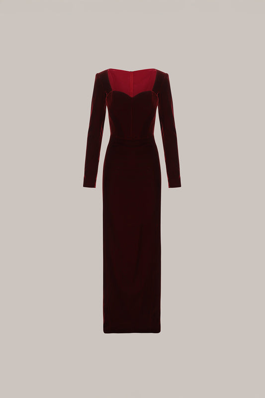 Her Squared Neckline Long Burdundy Dress