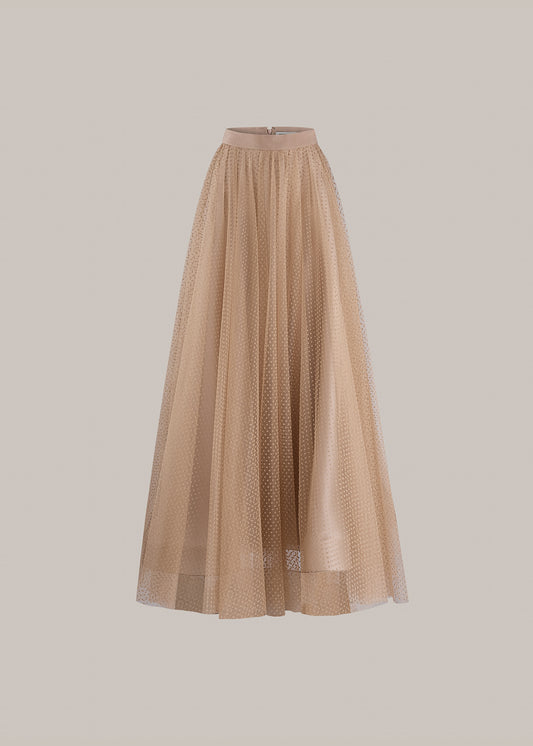 Her Tulle Polka Dot Full Long Beige Skirt
