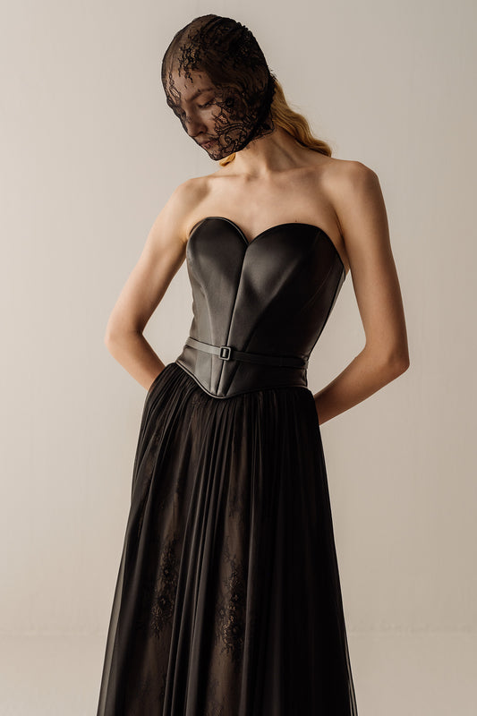 Her Heart Black Leather Corset