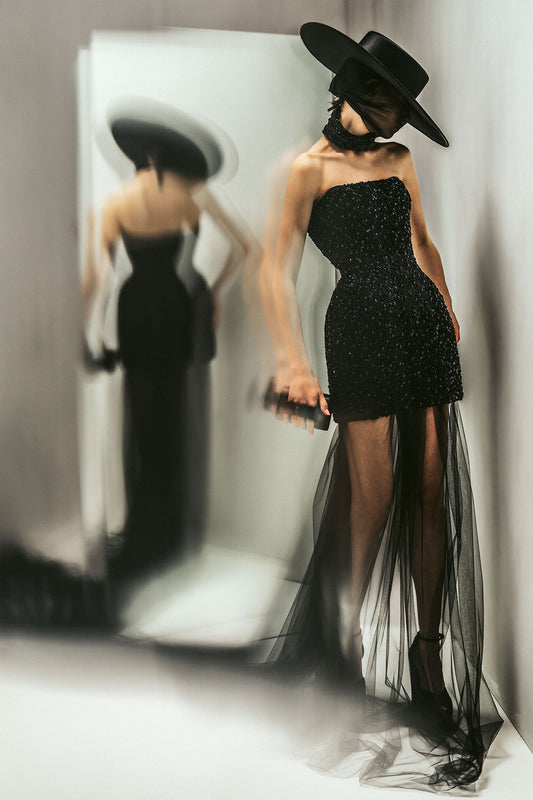 Her Sculpture Black Corsage Crystal Embroidered