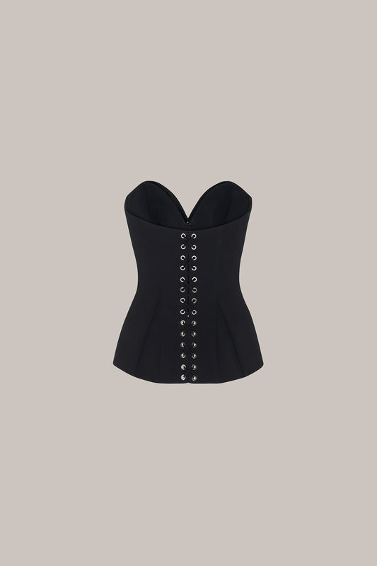 Her Tuxedo Corset with Front Opening Black Wool Eyelets