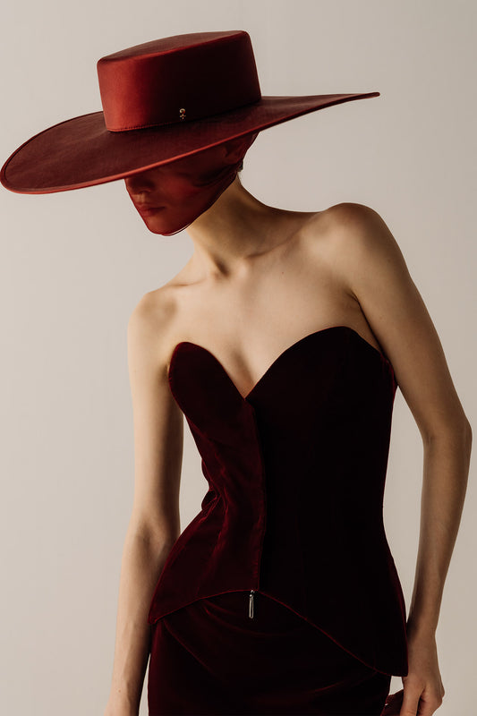 Her Tuxedo Burgundy Velvet Corset with Front Opening