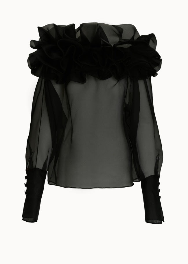 Her Ruched Shoulder Black Blouse