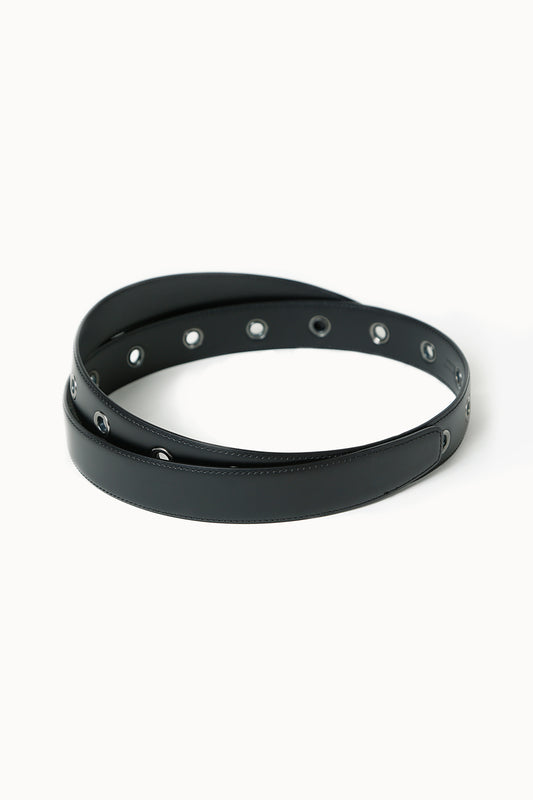 Wrap Around Leather Belt with Eyelets in Black
