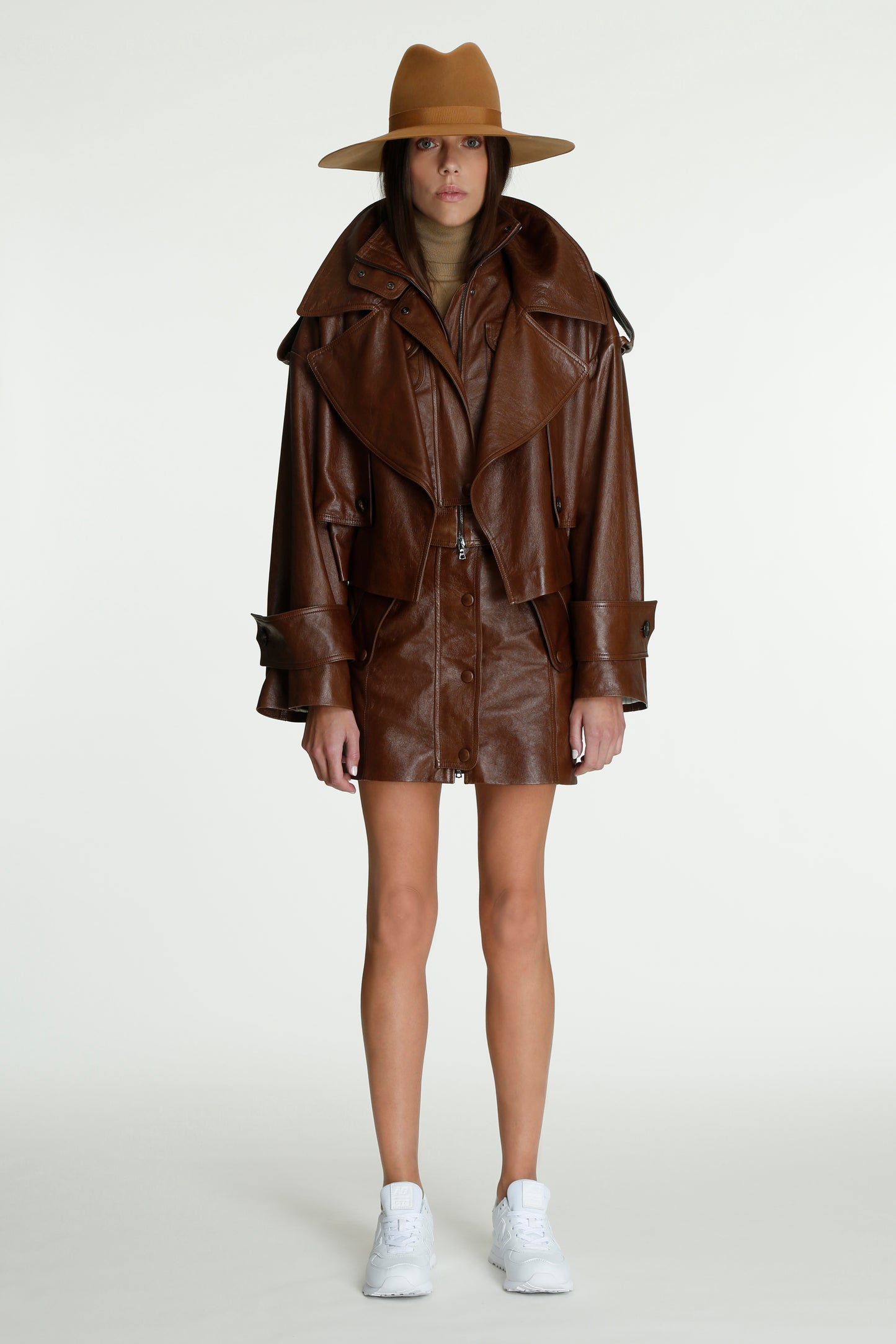 Cropped Leather Trench Jacket