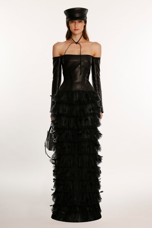 Black Tulle Feathered Evening Maxi Skirt
