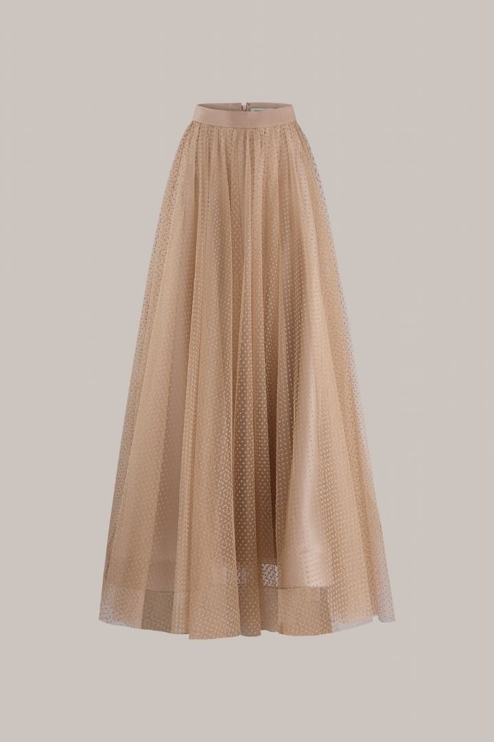 Her Tulle Polka Dot Full Long Beige Skirt