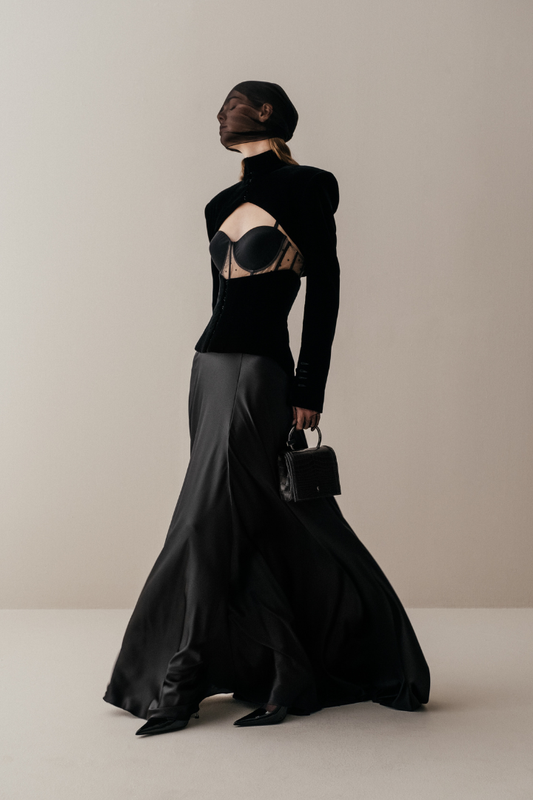Her Full Long Silk Black Skirt