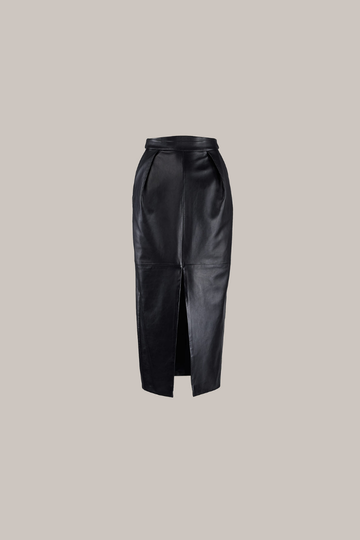 Her Leather Front Slit Midi Black Skirt