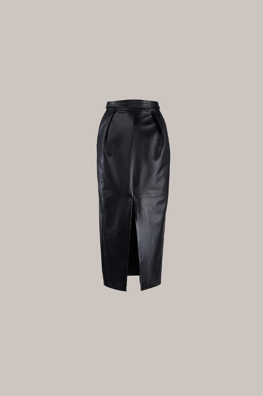 Her Leather Front Slit Midi Black Skirt