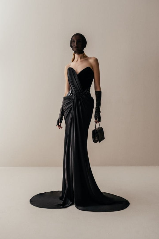 Her Black Draped Embellished Long Gown