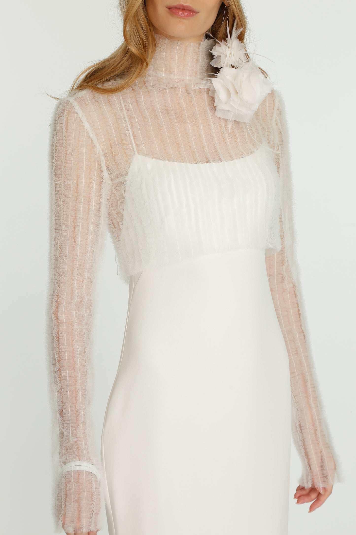 White Ruched Gathered Cropped Top in Tulle