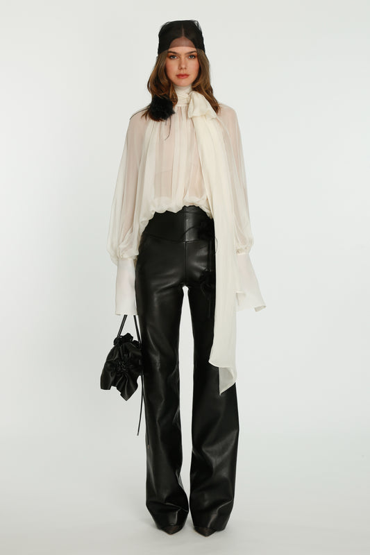 Off-White Gathered Bow-Neck Blouse
