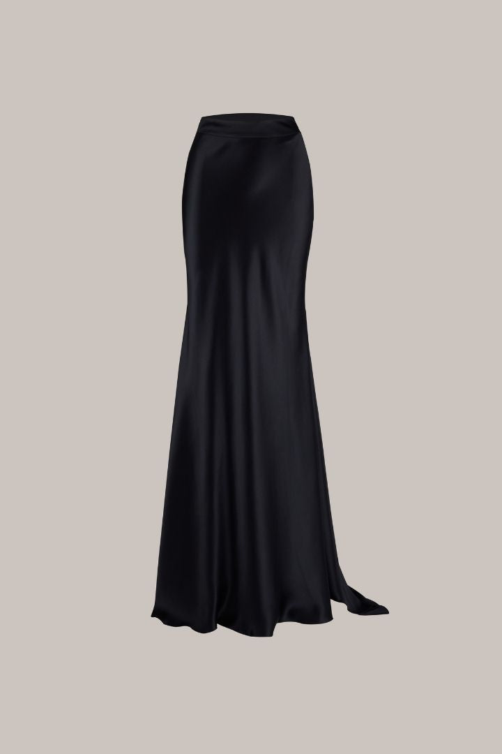 Her Black Full Long Silk Skirt