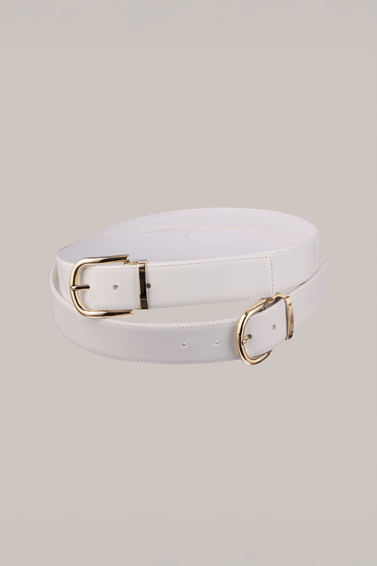 Her Double Buckle White Leather Belt