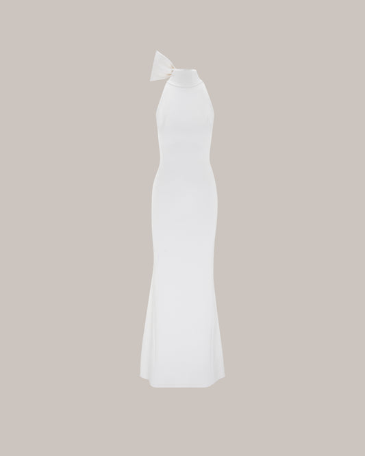 Her Halter Neckline Bow Tie Long White Dress