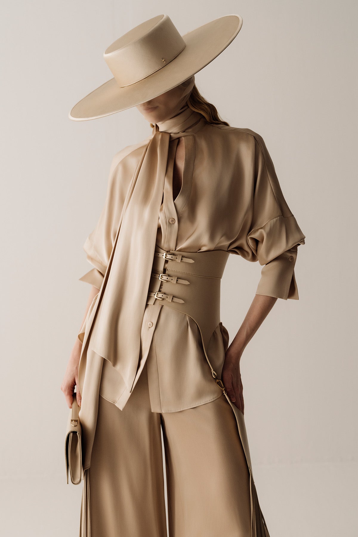 Her Bow-Neck Beige Blouse
