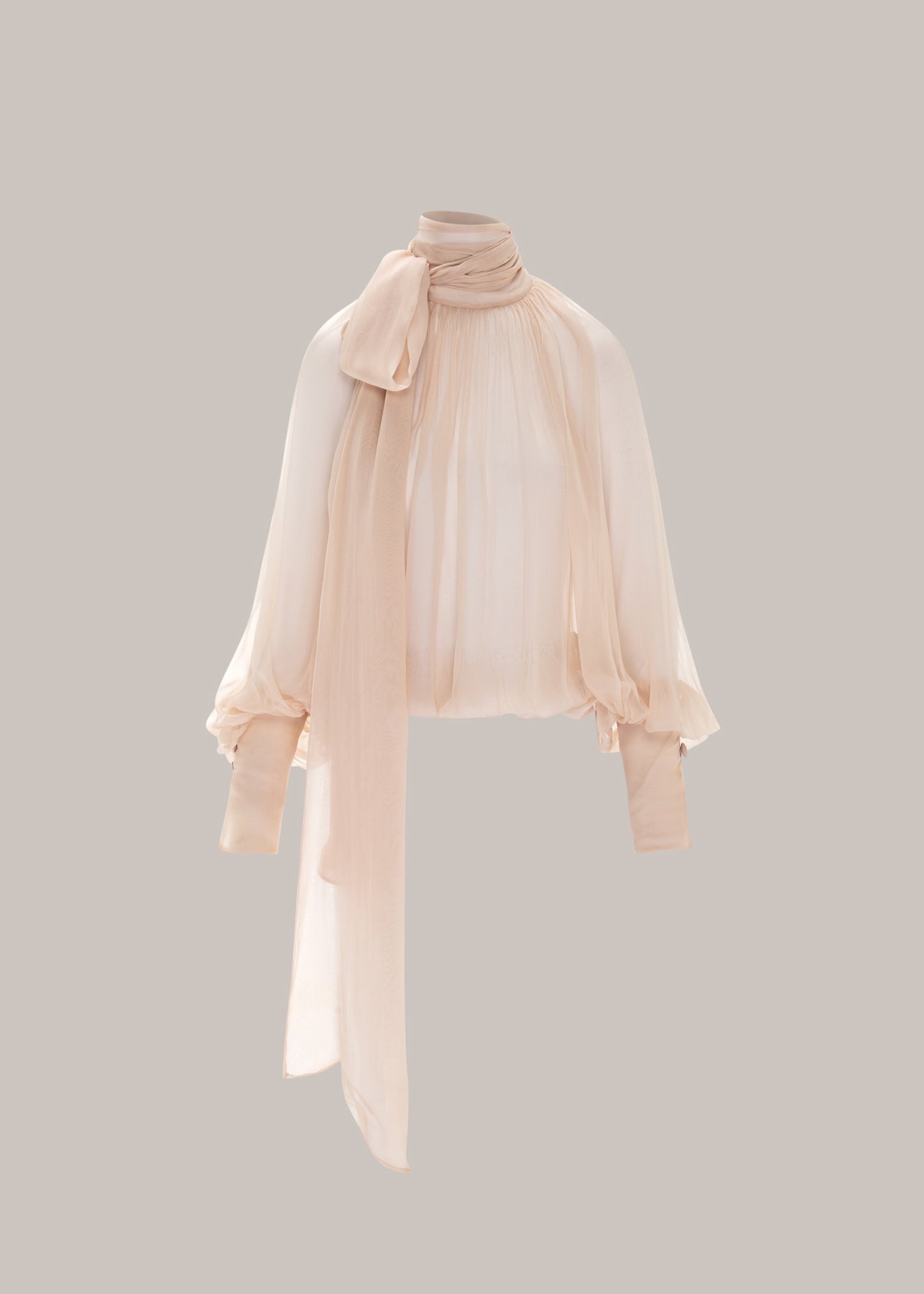 Her Gathered Bow Neck Beige Blouse