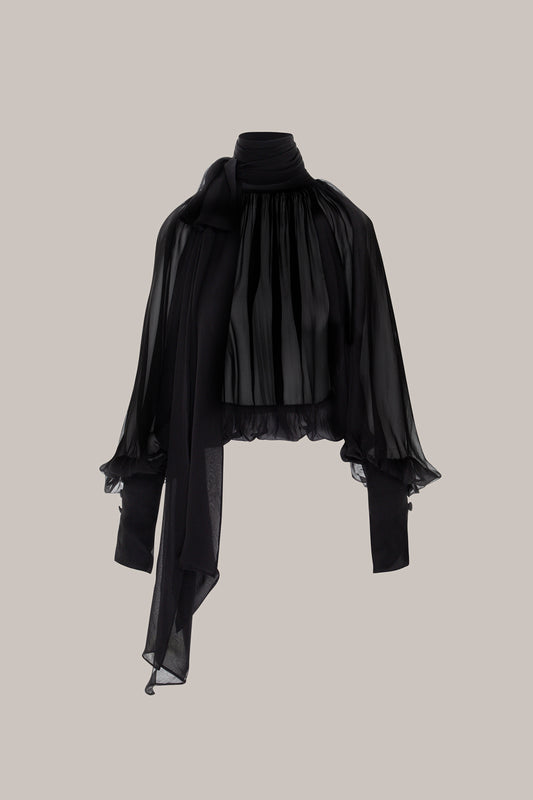 Her Gathered Bow Neck Black Blouse