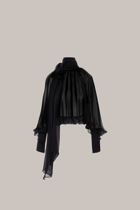 Her Gathered Bow Neck Black Blouse