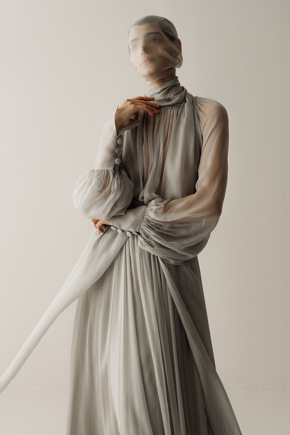 Her Gathered Bow Neck Grey Blouse