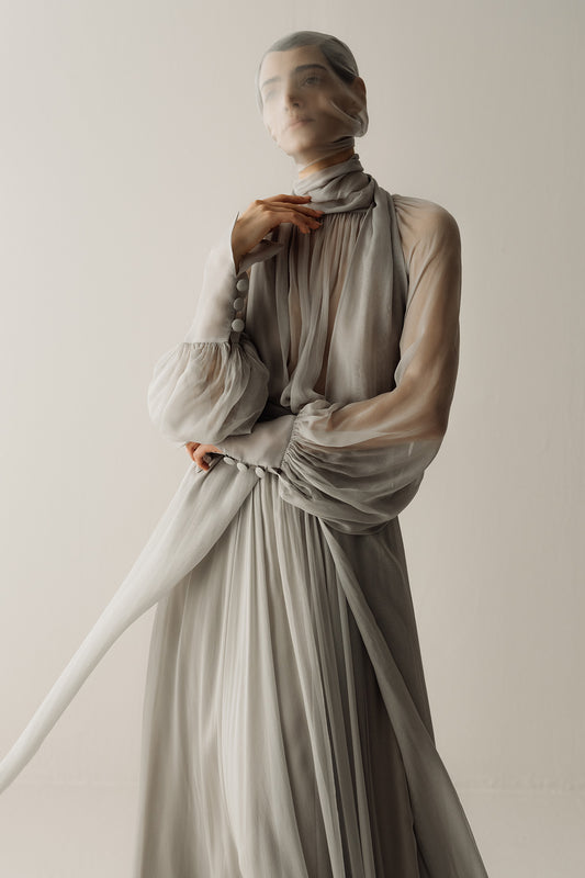 Her Gathered Bow Neck Grey Blouse