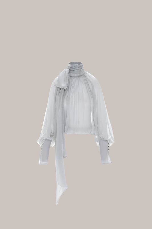 Her Gathered Bow Neck Grey Blouse