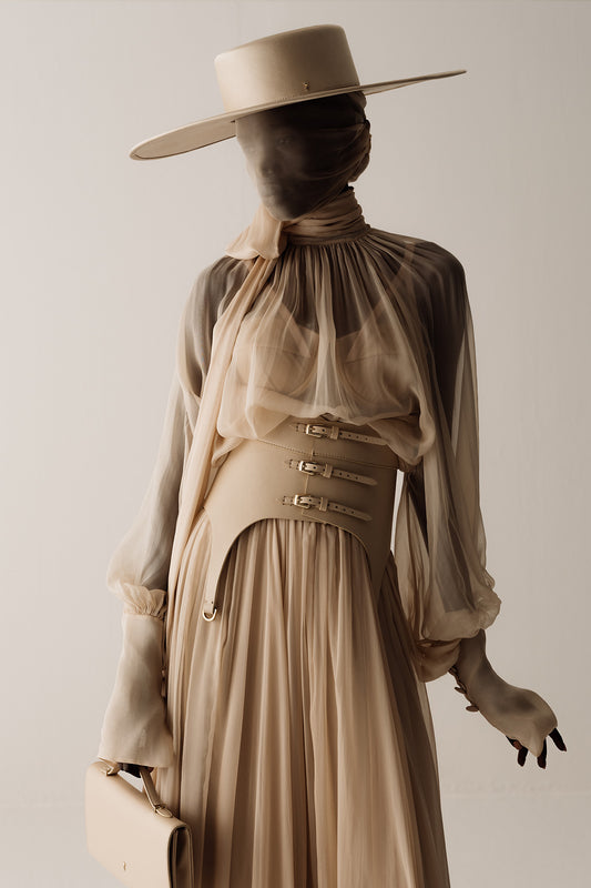 Her Gathered Bow Neck Beige Blouse