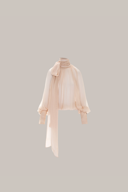 Her Gathered Bow Neck Beige Blouse