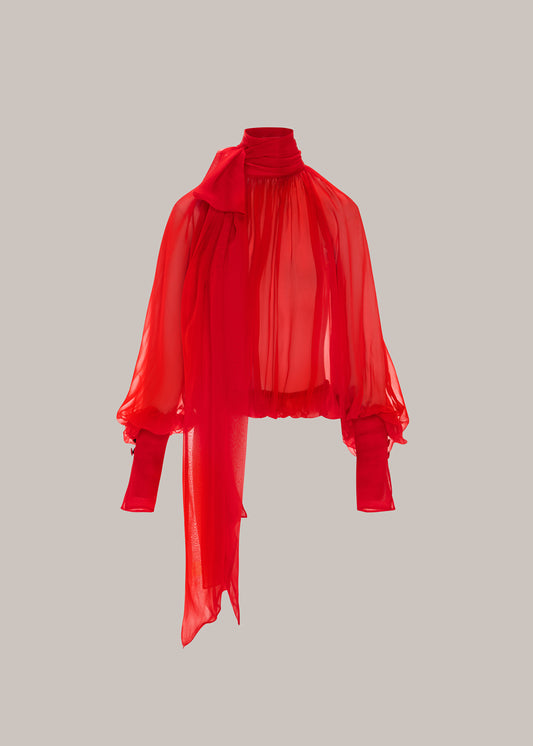 Her Gathered Bow Neck Red Blouse