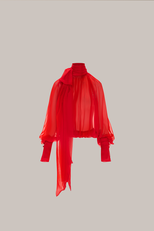 Her Gathered Bow Neck Red Blouse