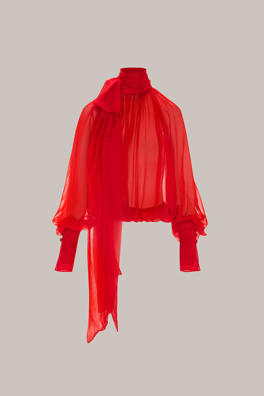 Her Gathered Bow Neck Red Blouse