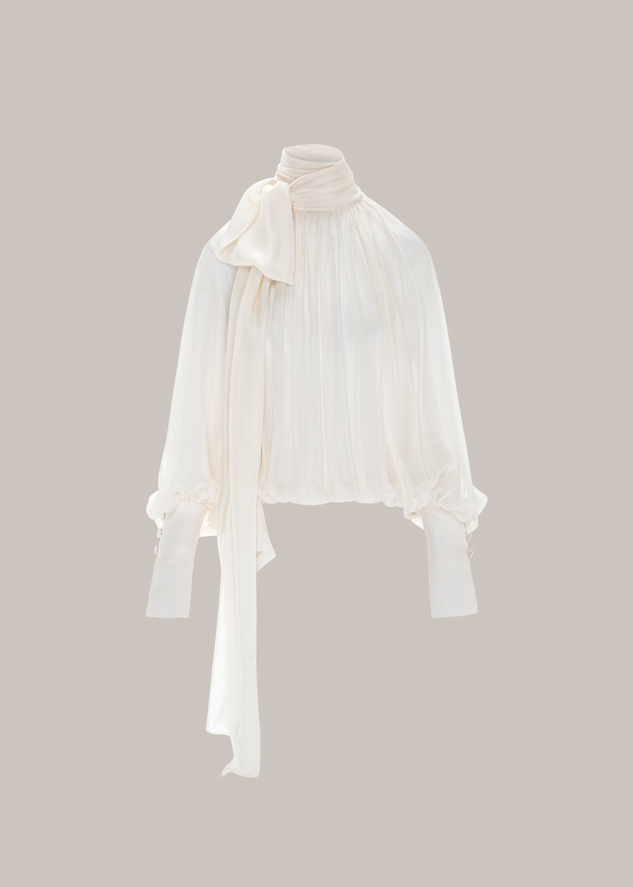 Her Gathered Bow Neck Off White Blouse